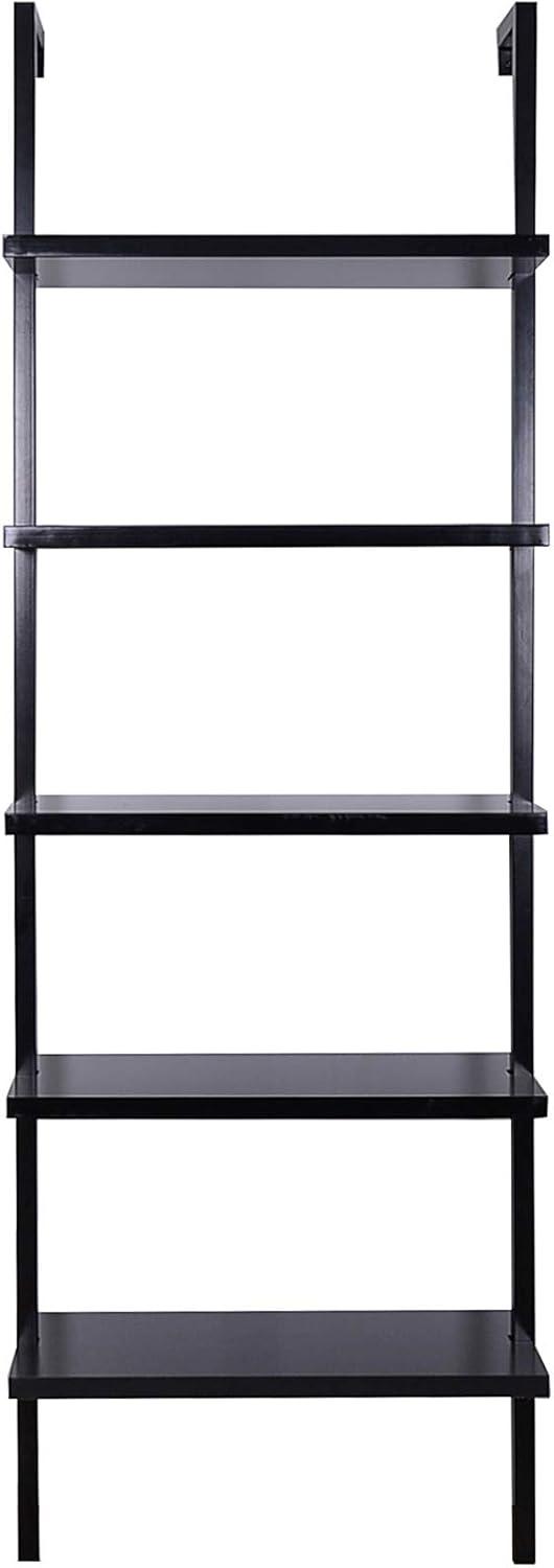 Matte Black Wood 73" Industrial Ladder Bookcase