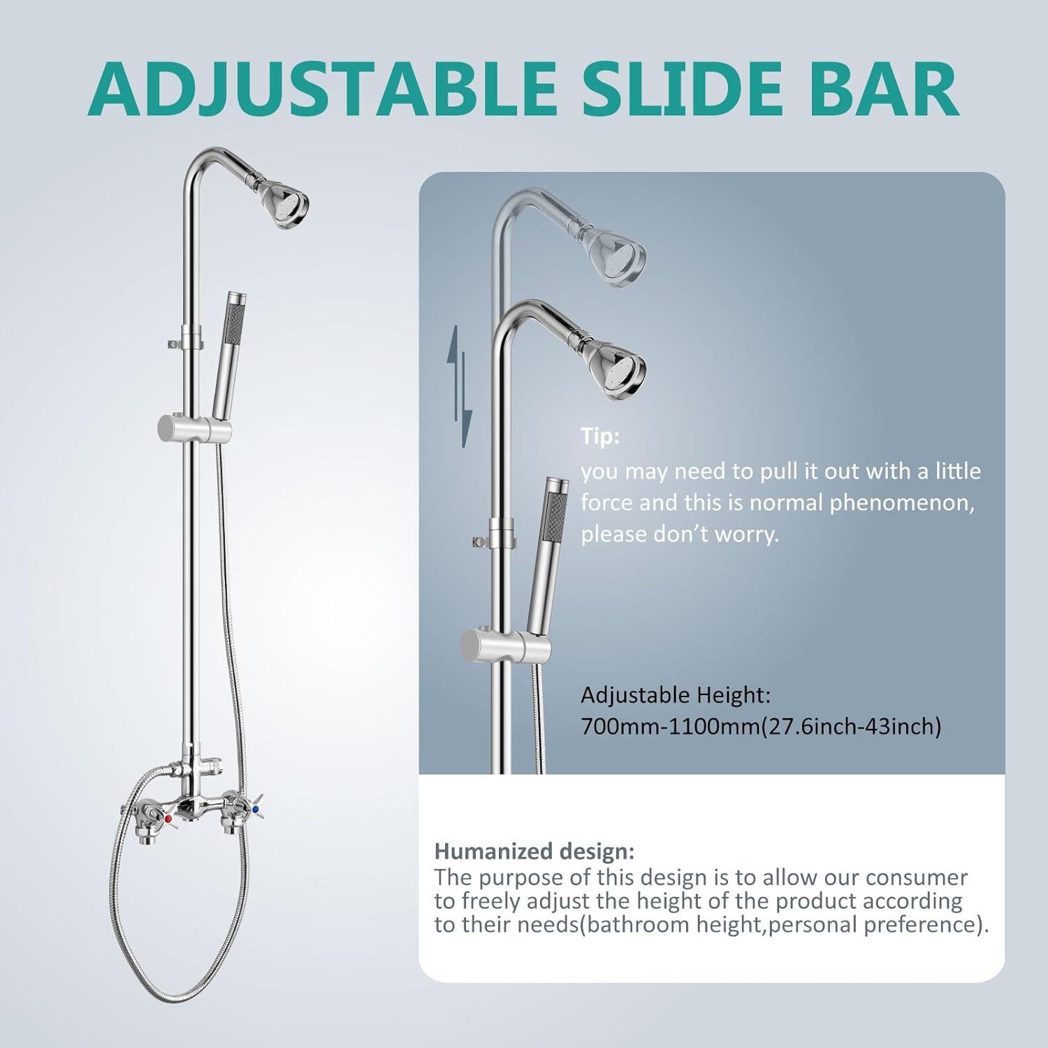 Aolemi Wall Mount Outdoor Shower Kit,Outdoor Shower Fixtures Faucet System with Handheld Spray,Double Handle 6 Inch Center Exposed Shower with Shower Head Polish Chrome
