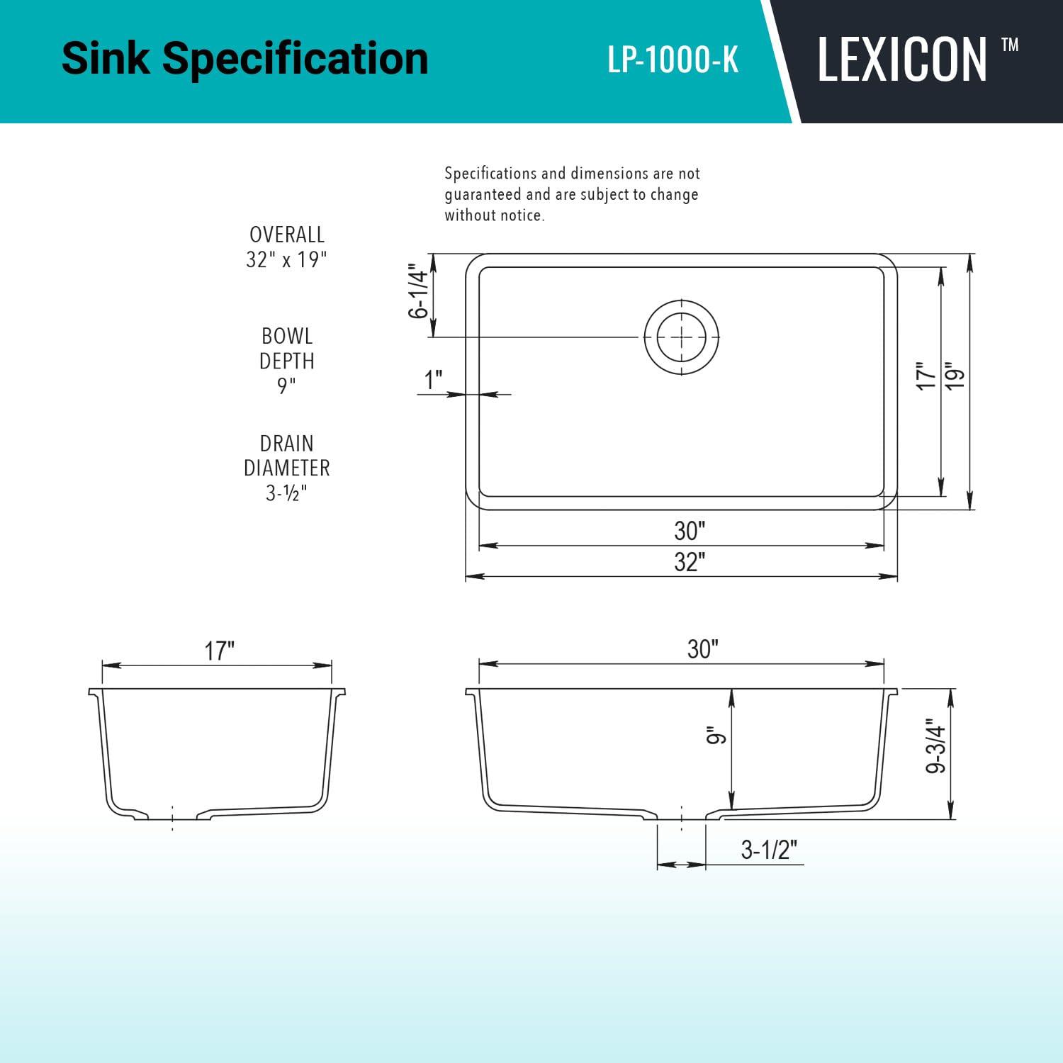 Lexicon LP-1000-K 32" x 19" Quartz Kitchen Sink, Single Bowl Sink, Drop-in Sink, Undermount Sink, Granite Kitchen Sink, with Steel Grids and Basket Strainer, Disposal Flange