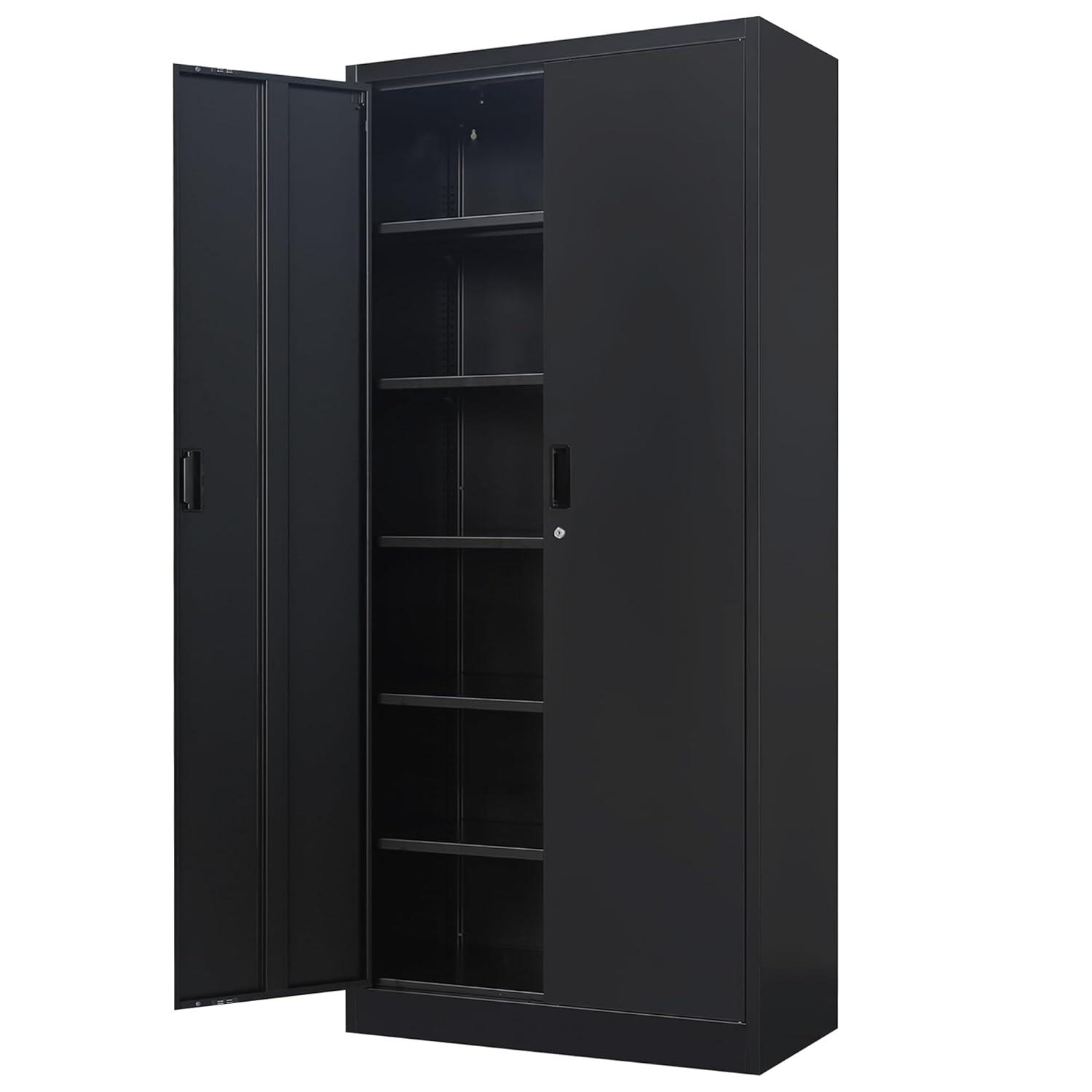 Metal Storage Cabinet, Locking Storage Cabinet with 5 Adjustable Shelves, Metal Cabinets for Garage, Office, Home, Classroom- Black