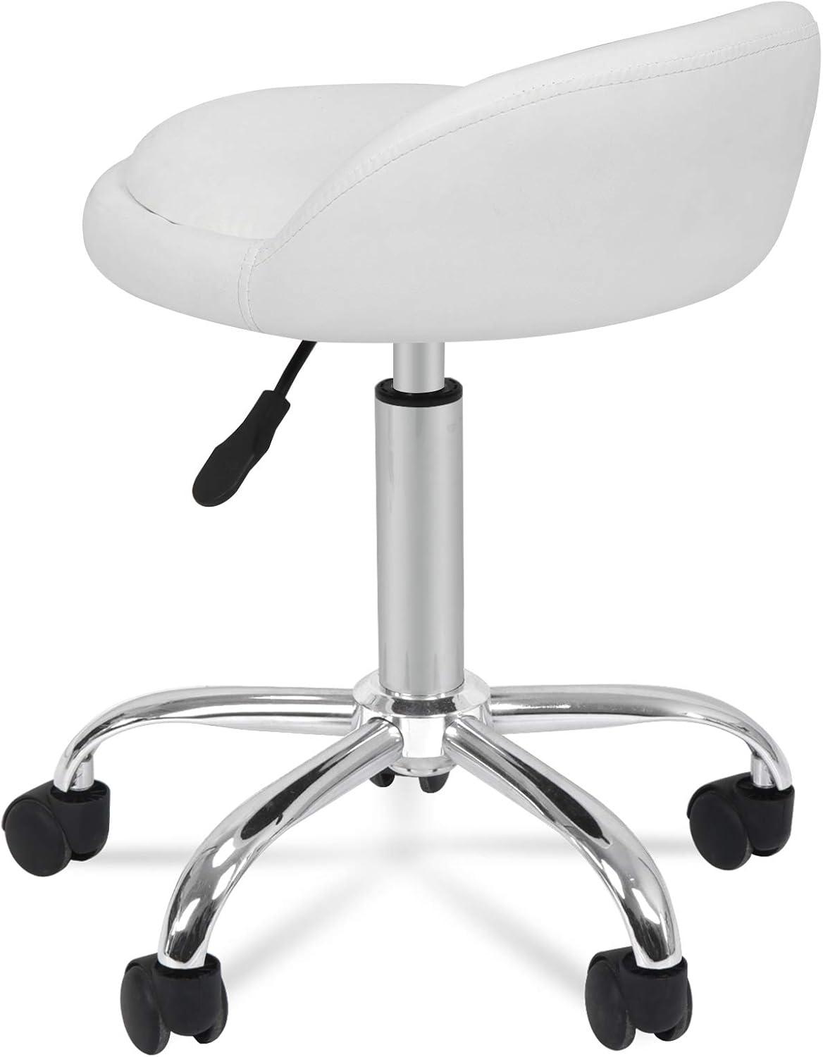 HomGarden Height Adjustable Rolling Swivel Salon Stool, PU Leather Hydraulic Ergonomic Chair with Backrest Wheels for Office Work Tattoo Massage Facial Spa Manicure Dentist Clinic, White