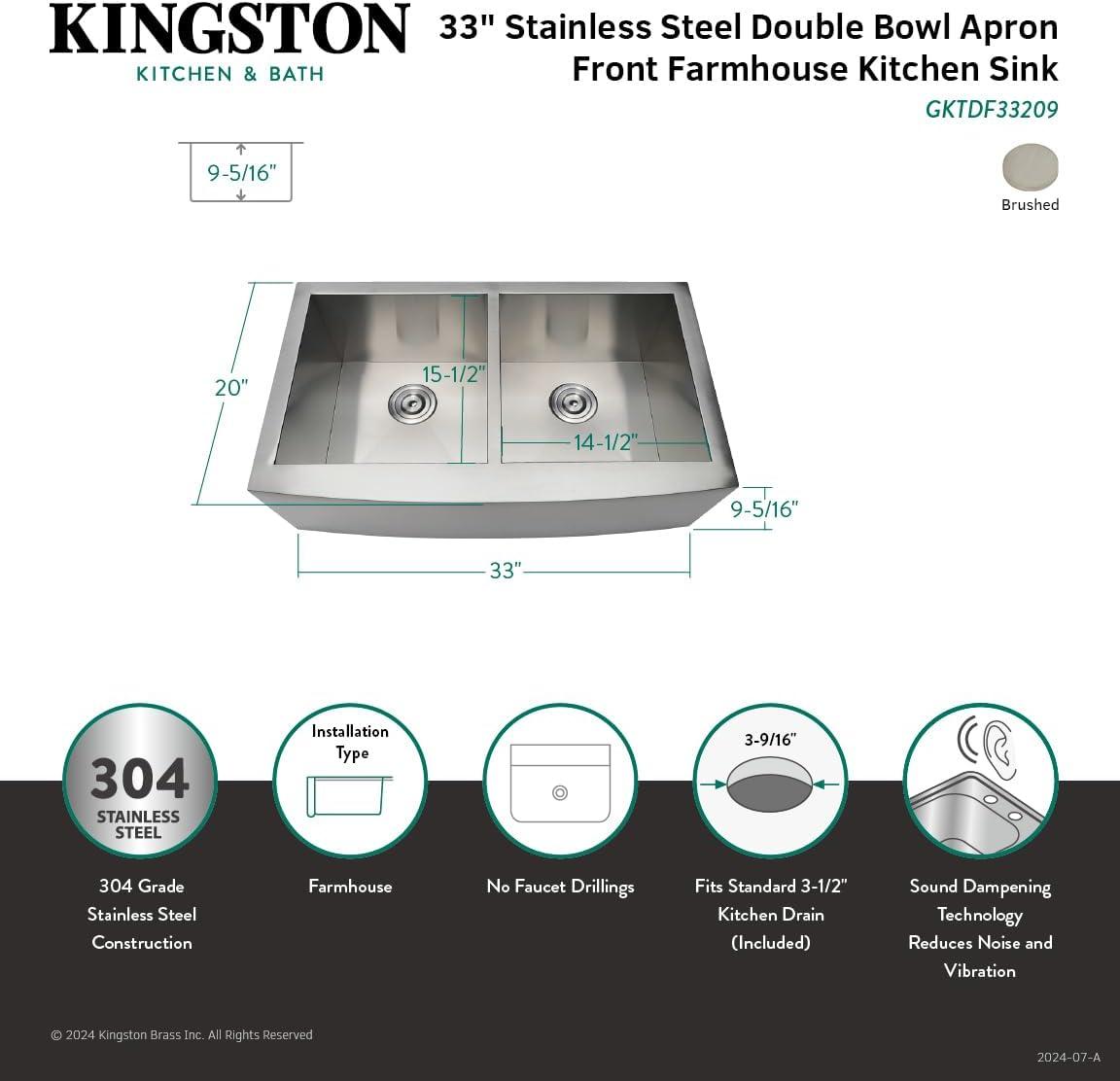 Kingston Brass Uptowne 33-Inch Stainless Steel Apron-Front Double Bowl Farmhouse Kitchen Sink