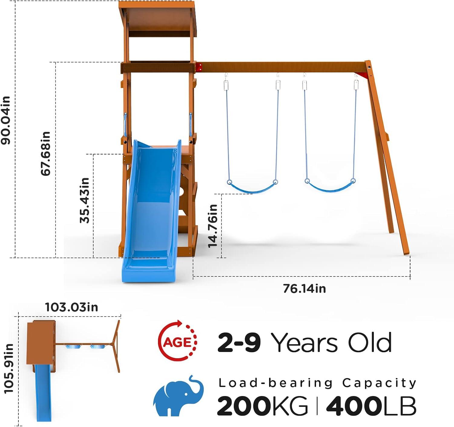 Dolphin Playground Wooden Swing Sets for Backyard, Family DIY Kit for Any Swings, Outdoor Playset for Kids with Trapeze Swing Bar and 2 Belt Swings, Heavy Duty Playground Accessories, Ages 3-10