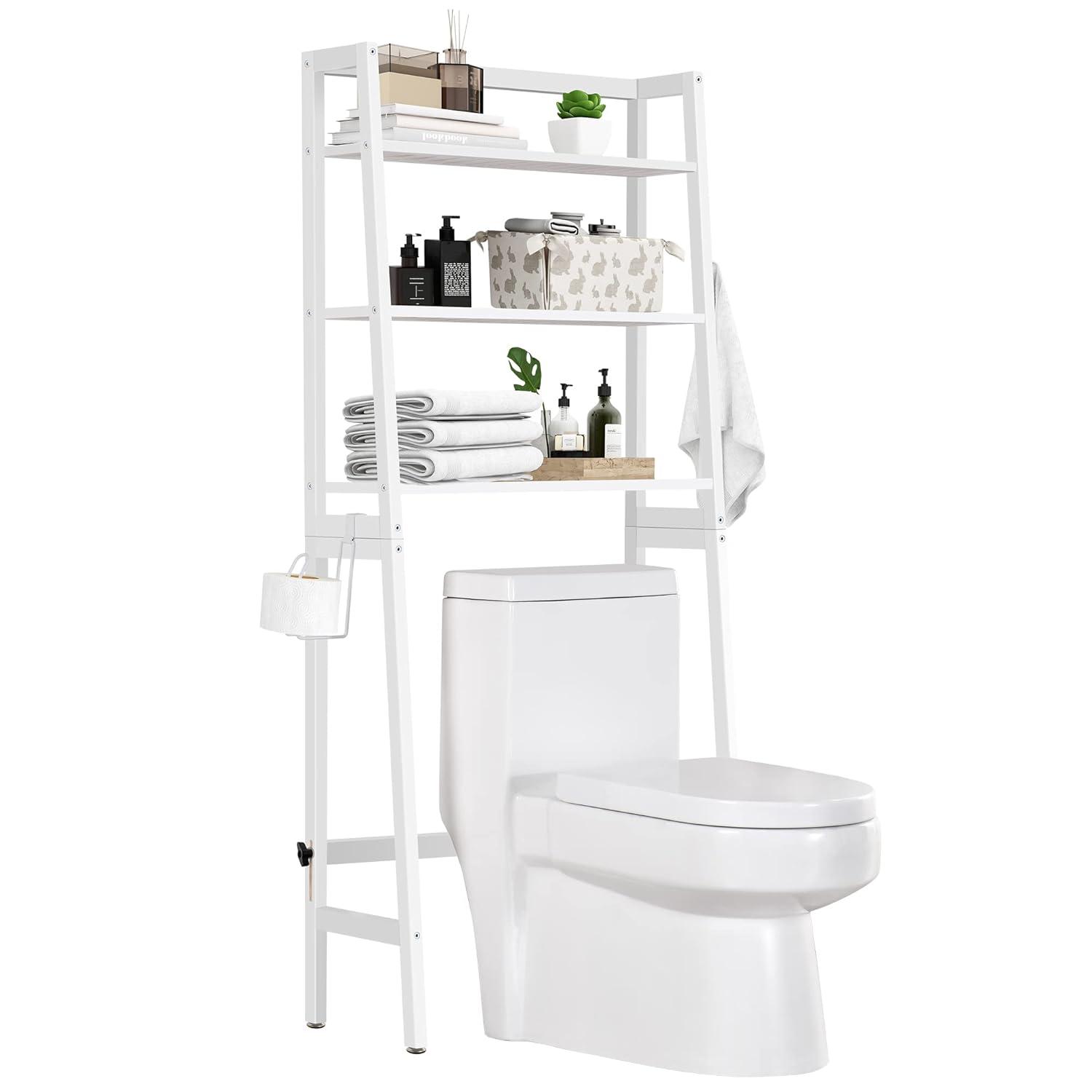 Over The Toilet Storage, Wooden 3-Tier Over-The-Toilet Rack Bathroom Space Saver Organizer, Freestanding Above Toilet Stand with Toilet Paper Holder and Towel Hook(White)