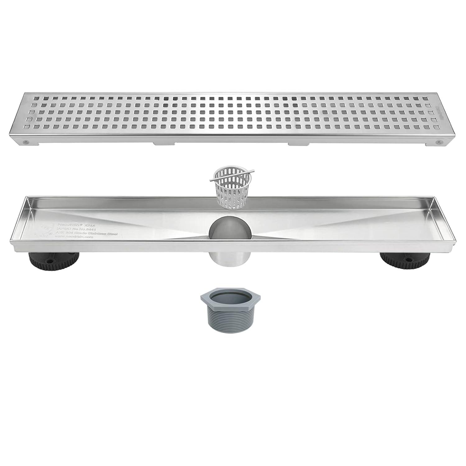 Neodrain 12-Inch Linear Shower Drain with Removable Grate, Professional Brushed 304 Stainless Steel Rectangle Shower Floor Drain Manufacturer, Linear Drain with Hair Strainer 12 IN Stainless