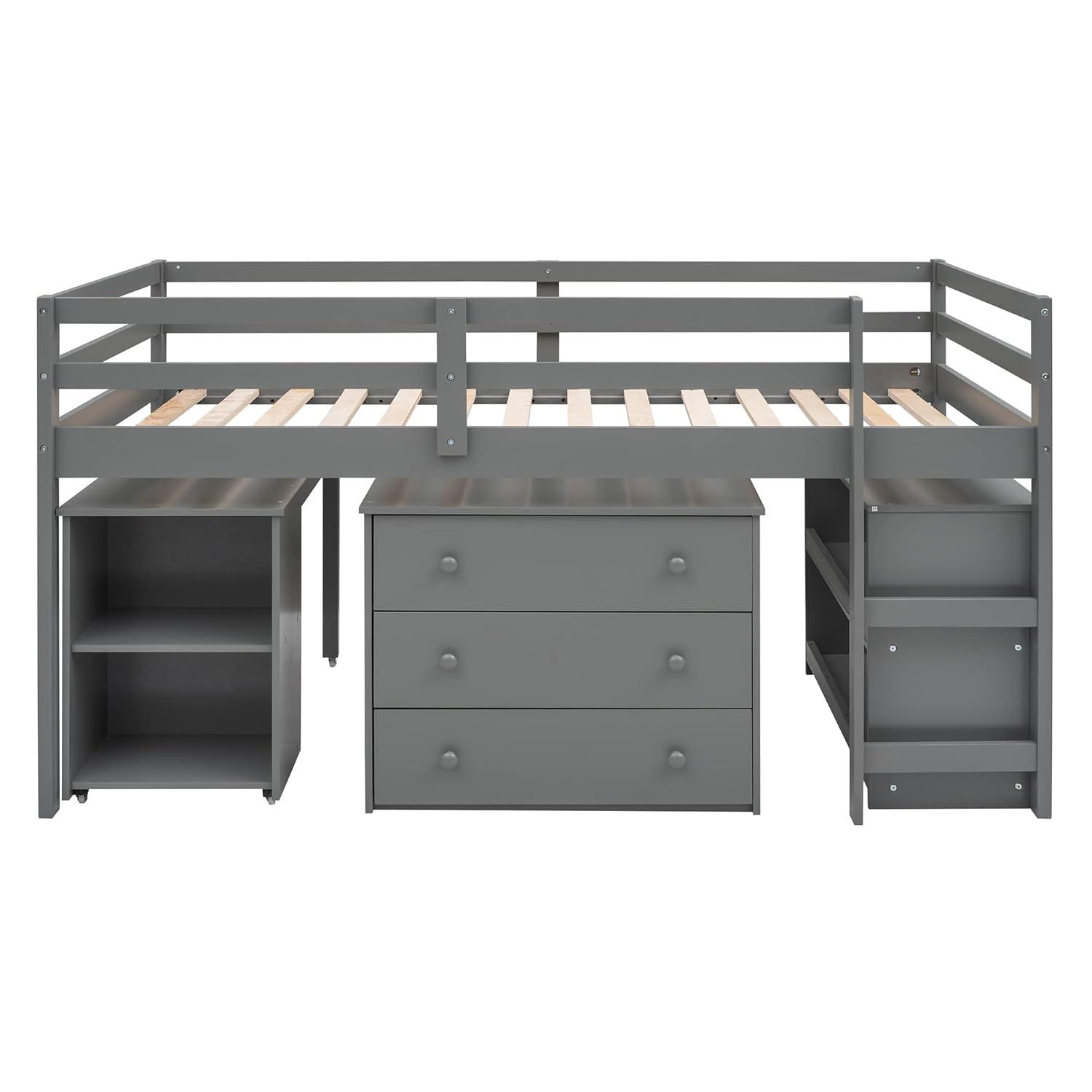 Harper & Bright Designs Twin Loft Bed with Cabinet and Rolling Portable Desk, Wooden Low Study Loft Bed with Drawers, Gray