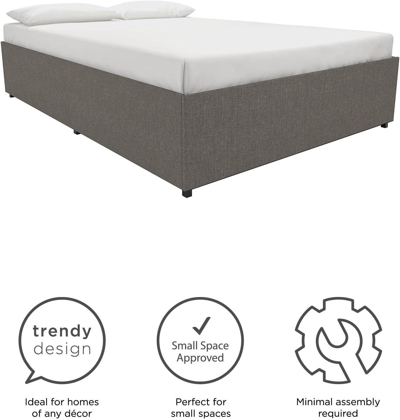 Full Grey Linen Upholstered Platform Bed with Storage Drawers