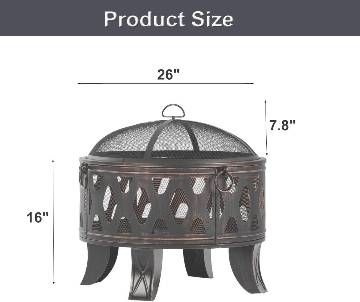 26" Black Steel Outdoor Fire Pit with Cooking Grill and Spark Screen