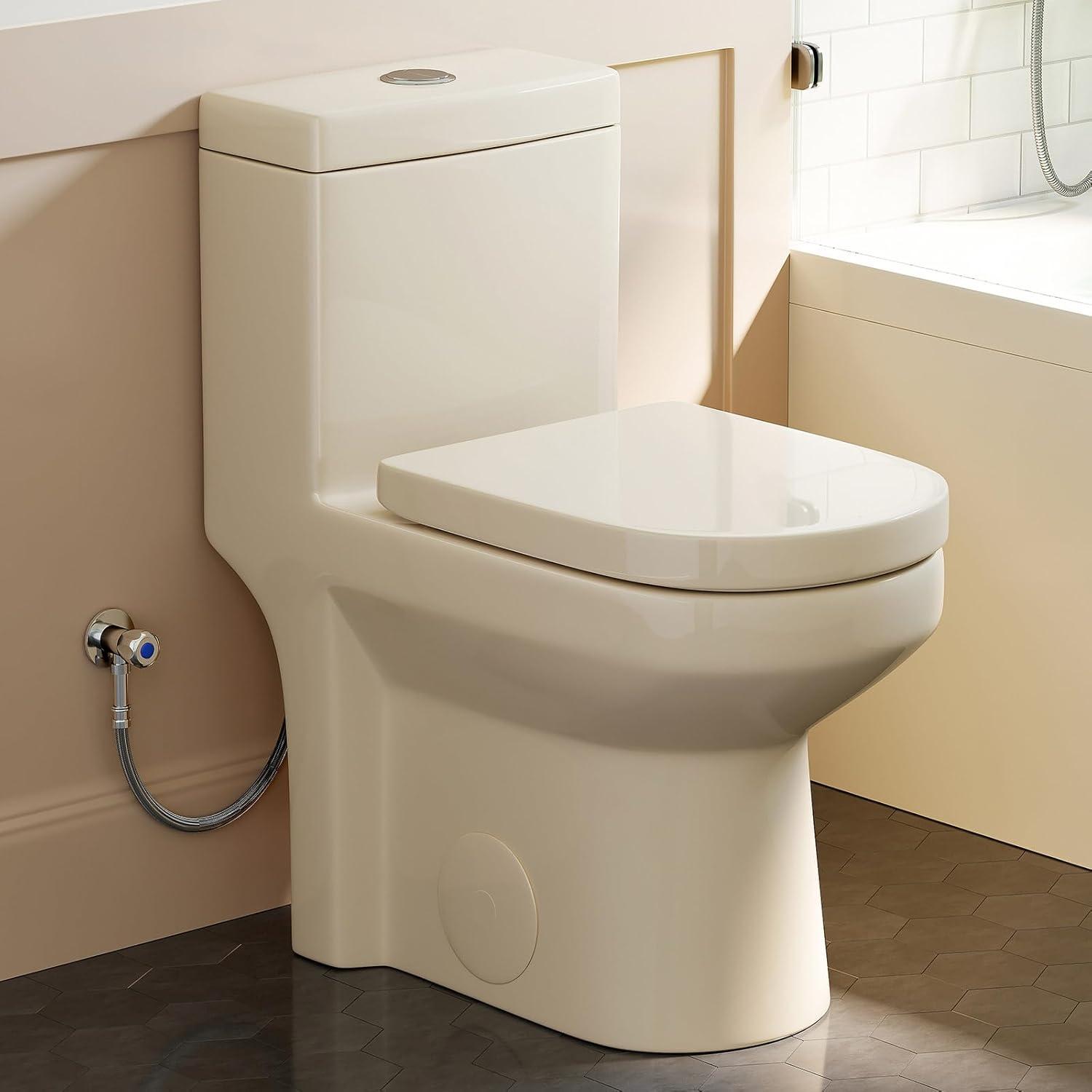 Small Compact One-Piece Toilet, 1.1/1.6 GPF Dual Flush, 12'' Rough-In, Soft Closing Seat, Modern Bisque Design for Small Bathrooms.