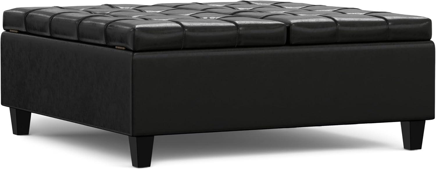 Simpli Home Harrison 40 inch Wide Transitional Square Large Coffee Table Storage Ottoman in Midnight Black Vegan Faux Leather