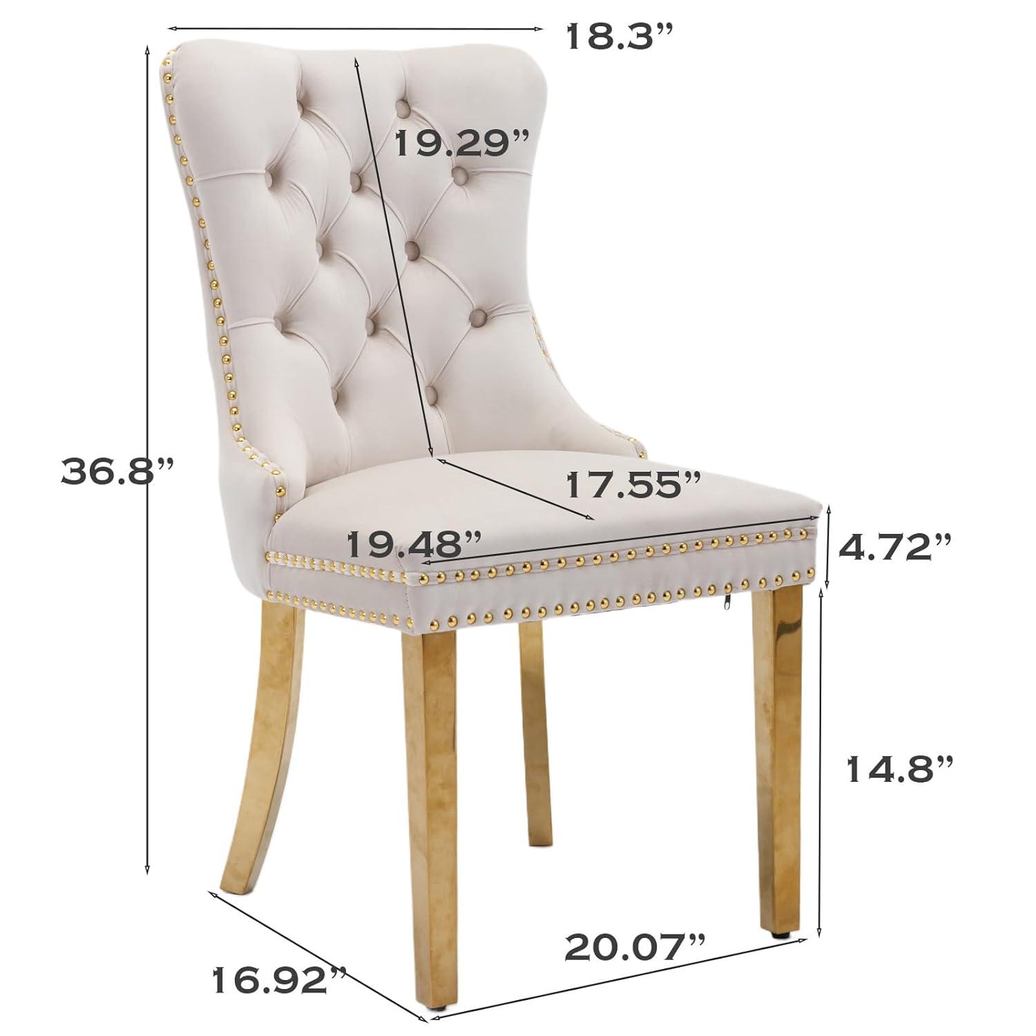 SoarFlash Velvet Dining Chair Set of 4, Upholstered Tufted Dining Room Chair with Nailhead Trim, Solid Gold Plated Leg for Kitchen (Beige)