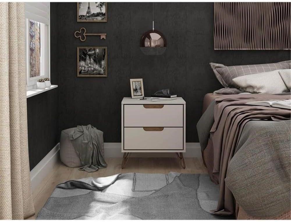 Manhattan Comfort 2.0 Rockefeller Nightstand Off White/Natural: Mid-Century Design, Splayed Metal Legs, Dual Drawers