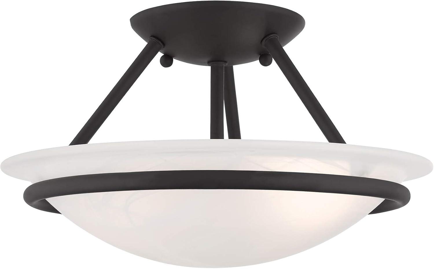 Lustrous Black Nickel 2-Light Semi Flush Mount with White Alabaster Glass Bowl