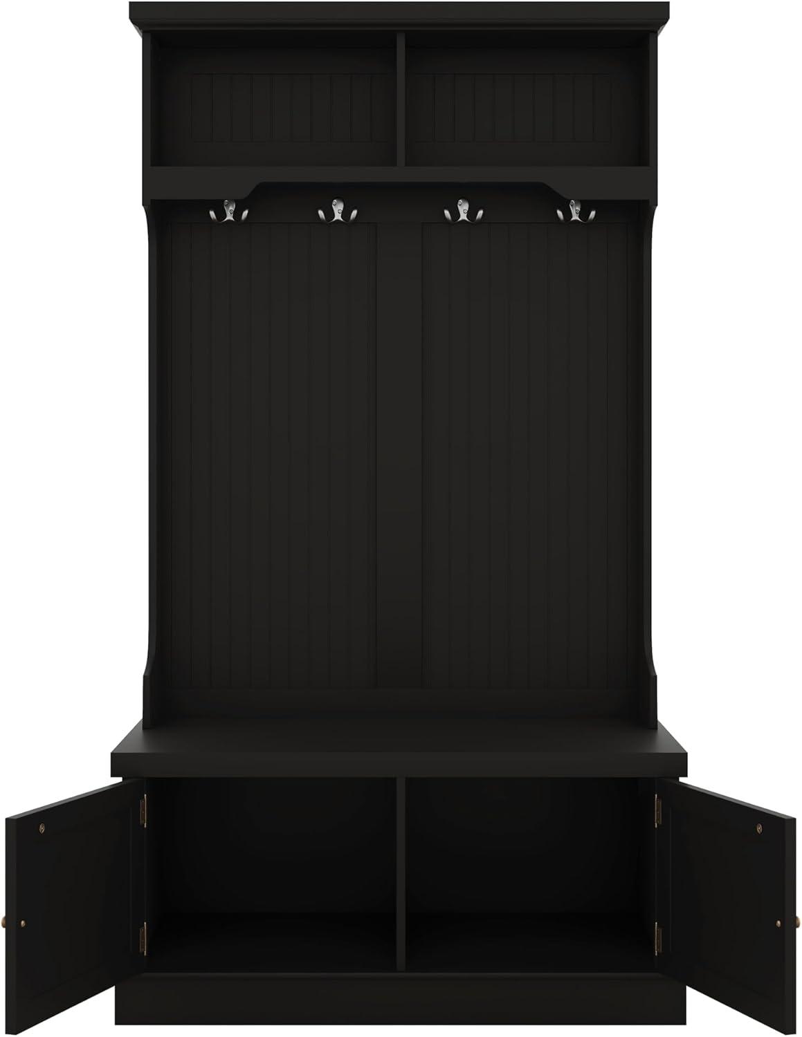 Black Hall Tree with Storage Cabinets and Metal Hooks