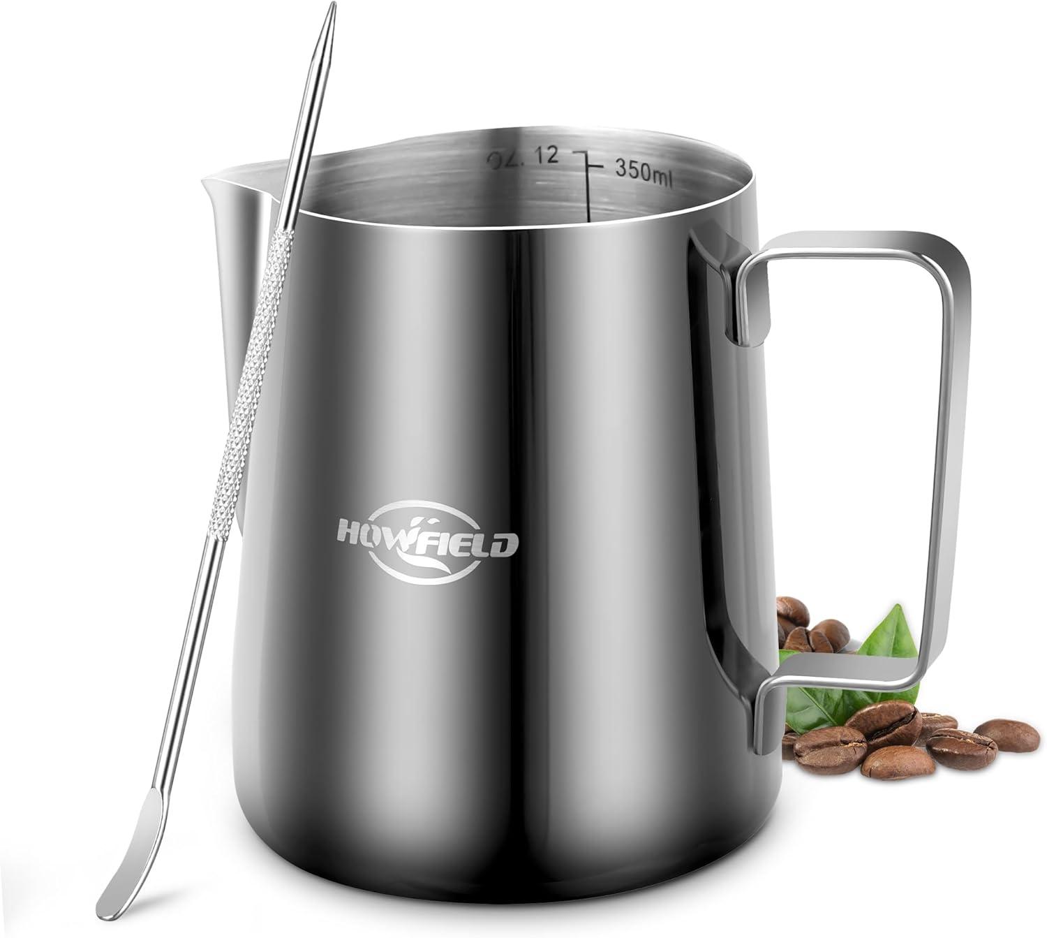 12oz (350ml) Milk Frothing Pitcher 304 Stainless Steel Steaming Jug with Latte Art Pen Anti-Scald Handle & Scale Barista Frother Cup for Cappuccino, Latte, Coffee Accessories