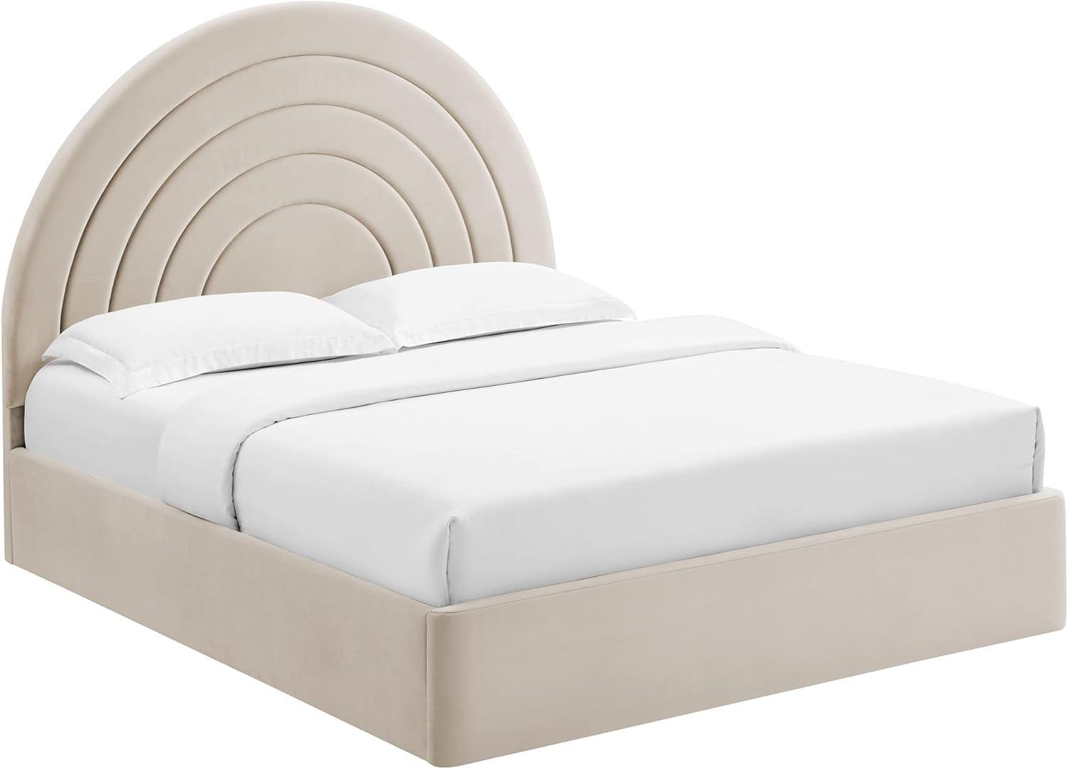 Almond Velvet Full Platform Bed with Arched Upholstered Headboard