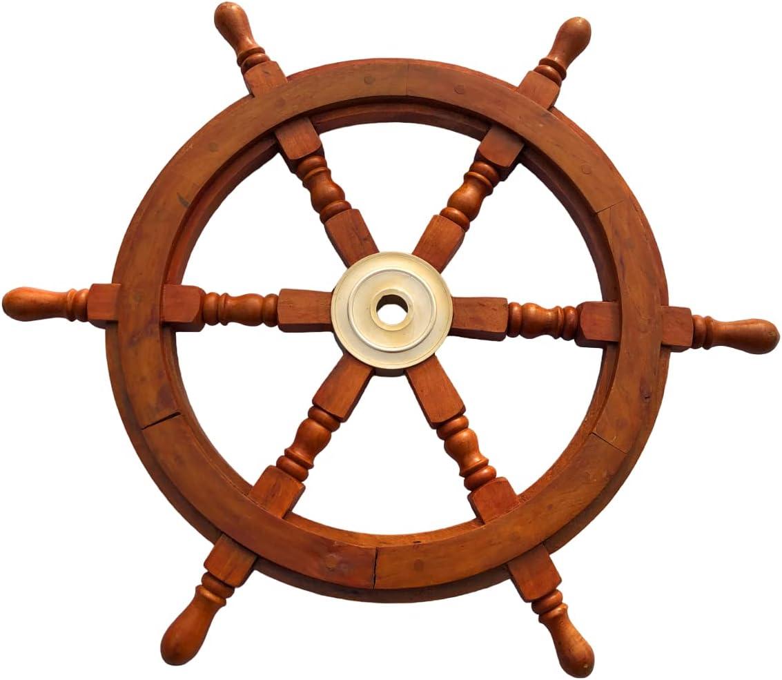 24" Dark Rosewood and Brass Nautical Ship Wheel Decor