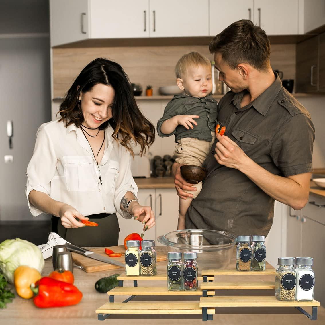 3 Tier Expandable Bamboo Spice Rack Cabinet Step Shelf Organizer for Kitchen Pantry Countertop Cupboard