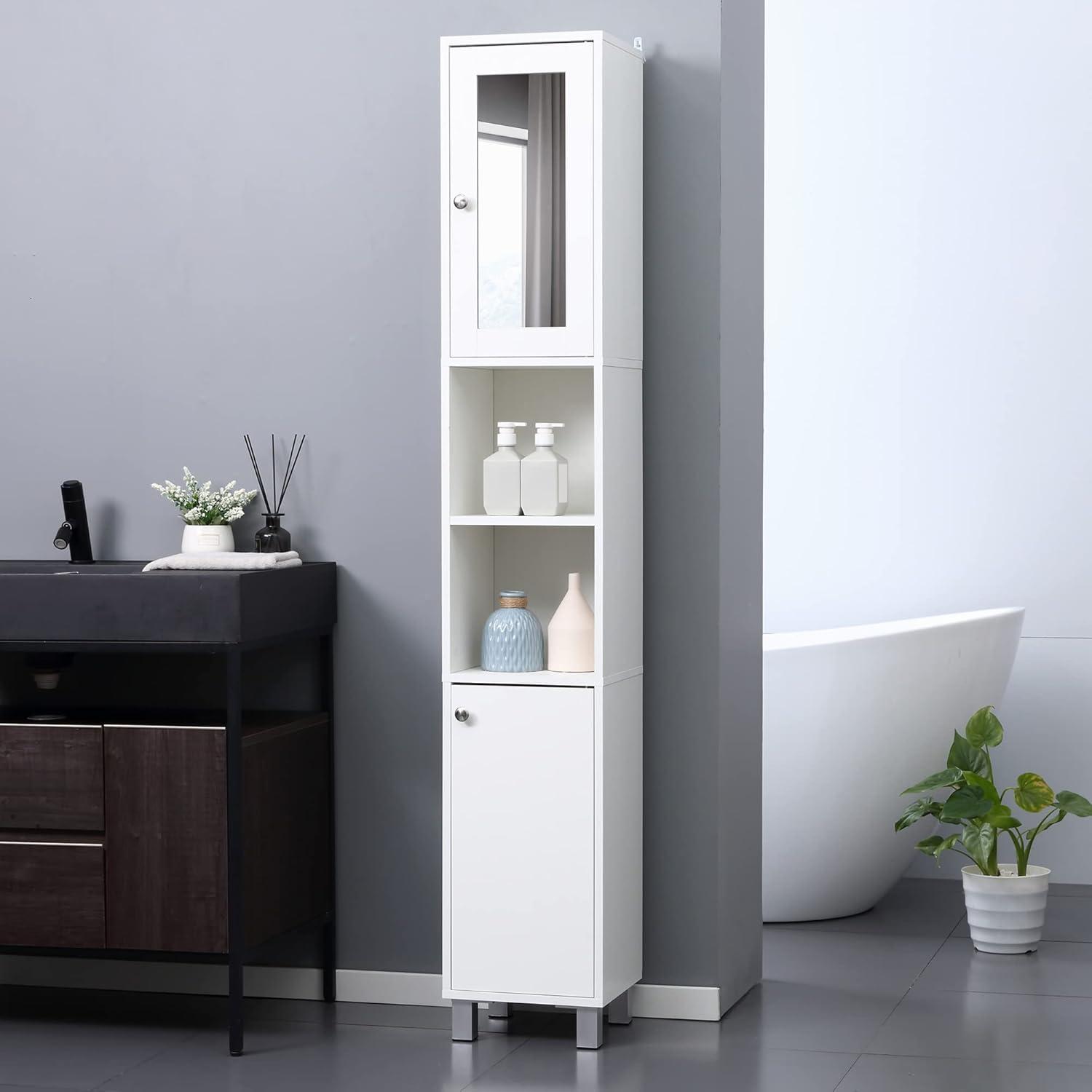 kleankin Tall Bathroom Storage Cabinet with Mirror, Wooden Freestanding Tower Cabinet with Adjustable Shelves for Bathroom or Living Room, Gray