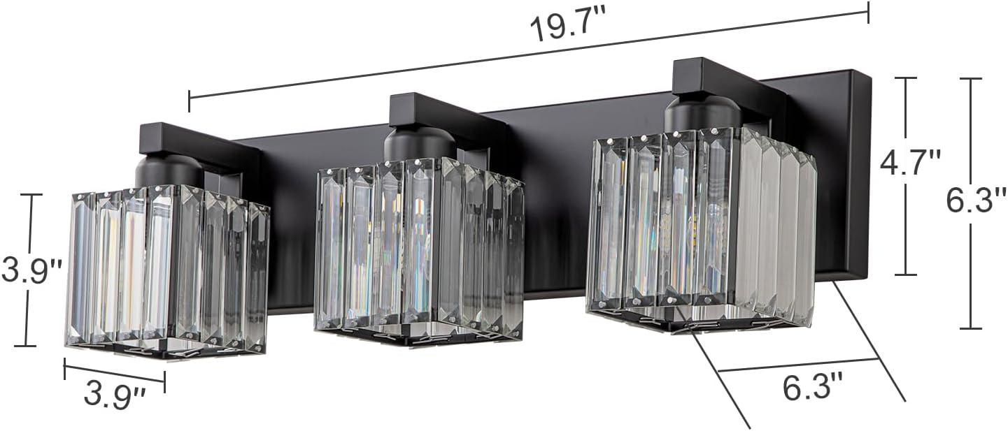 Black Metal 3-Light Vanity Fixture with Crystal Cube Shades