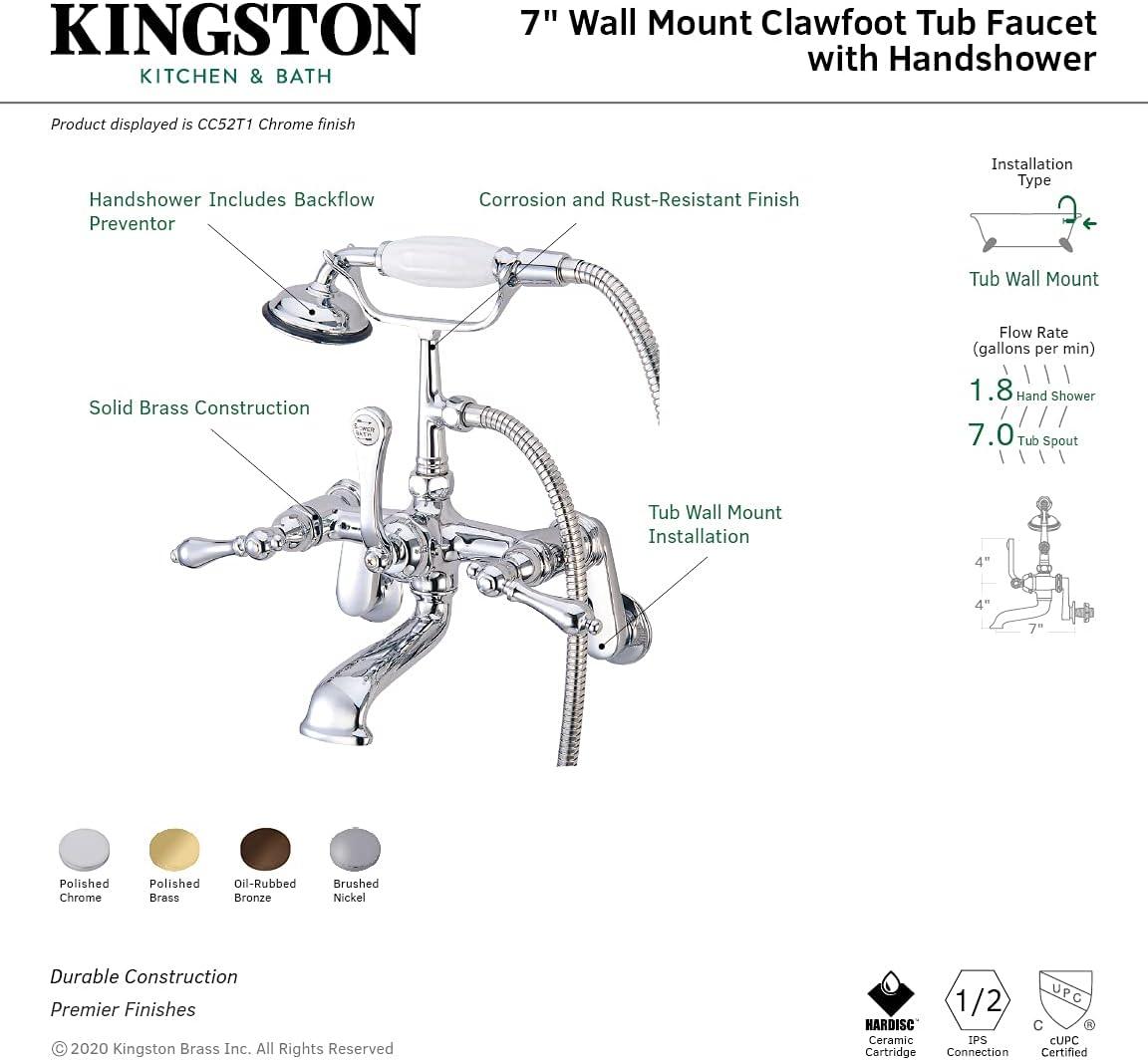 Kingston Brass Vintage Three-Handle 2-Hole Tub Wall Mount Clawfoot Tub Faucet with Hand Shower