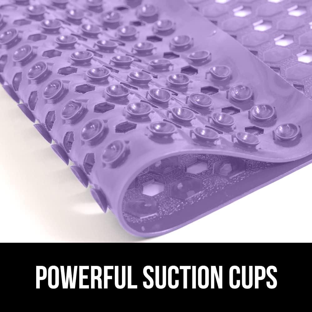 GORILLA GRIP Patented Bath Tub Shower Mat, Machine Washable Bathtub Floor Liner Mats, Suction Cups and Drain Holes to Keep Tubs Clean, Soft on Feet, Bathroom Essentials, 35x16 Inch, Purple Opaque
