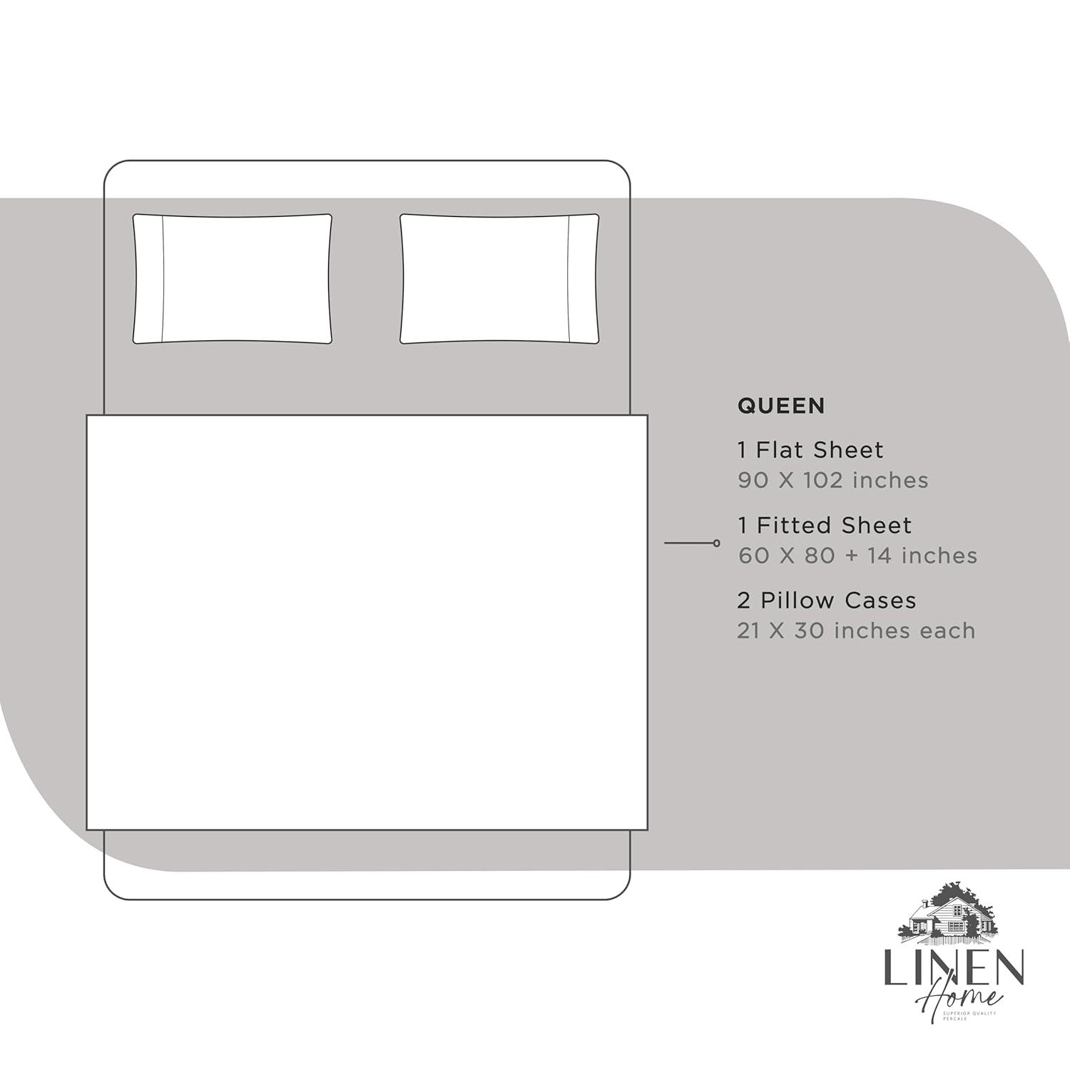 Linen Home 100% Cotton Percale Sheets Queen Size, Silver, Deep Pocket, 4 Pieces Set - 1 Flat, 1 Deep Pocket Fitted Sheet and 2 Pillowcases, Crisp Cool and Strong Bed Linen