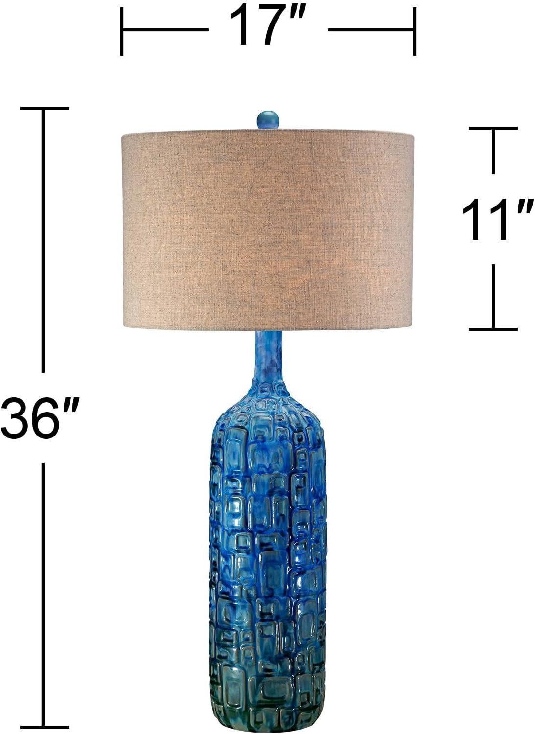 Possini Euro Design Mid Century Modern Table Lamp Ceramic Tiled Teal Tall Tan Linen Drum Shade for Living Room Family Bedroom (Colors May Vary)