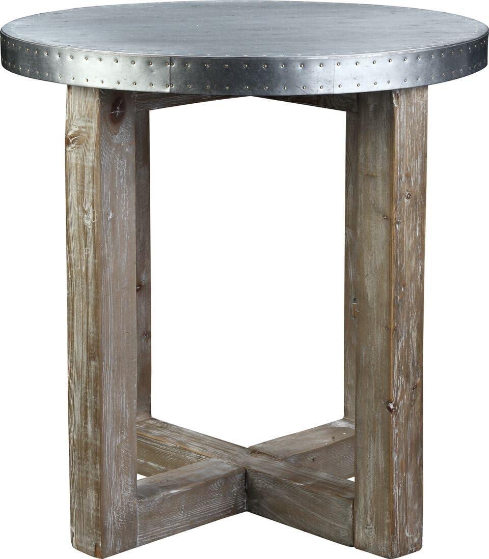 Rustic Reclaimed Pine and Zinc Top Round Side Table