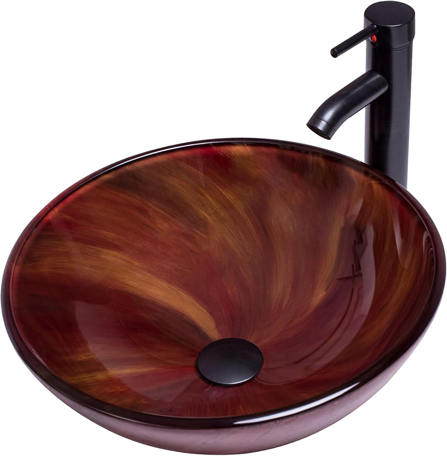 16.5'' Red-Brown Glass Round Vessel Sink with Faucet