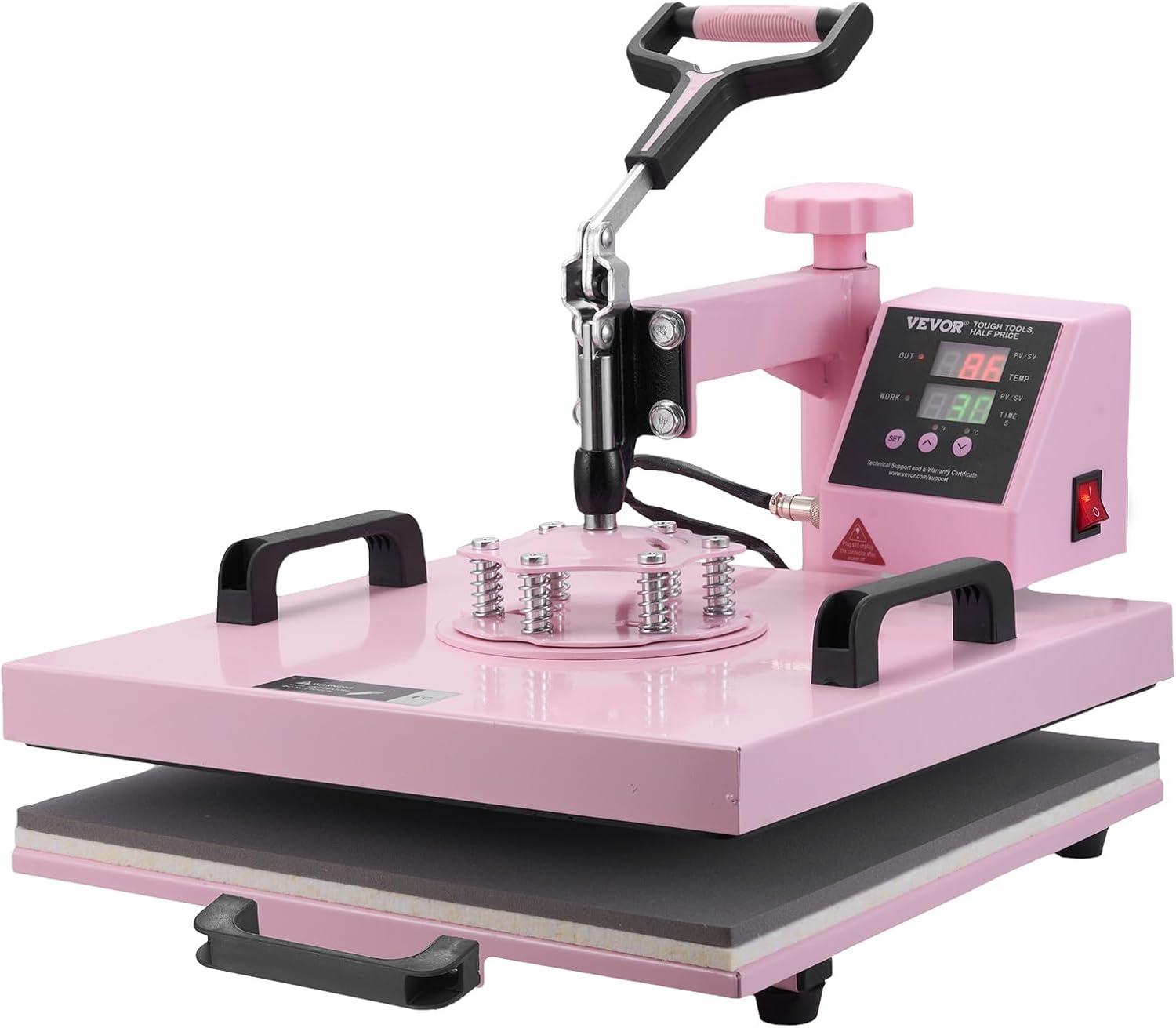 VEVOR Heat Press Machine 15x15 inch, Heat Press Machine for T-Shirts, 5 in 1 Heat Press with 30 OZ Tumbler Press, Combo Tumbler Heat Press Machine Sublimation for Hat Cap Mug Plate, Pink