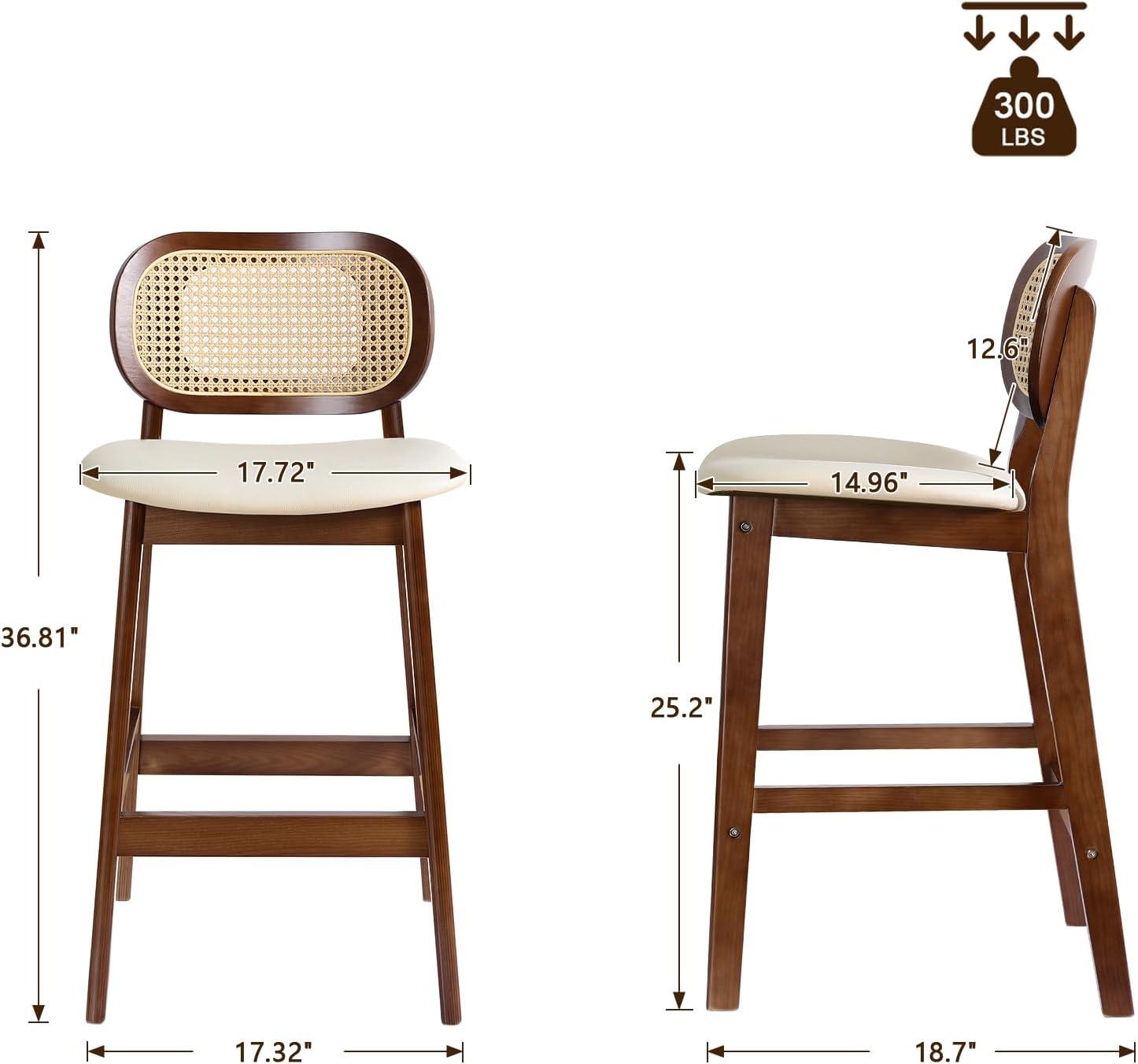 Lucky Monet Wood Upholstered Counter Height Bar Stools with Rattan Back - 36.81"H x 17.72"W x 18.7"D Set of 2 - White Faux Leather/ Brown Frame