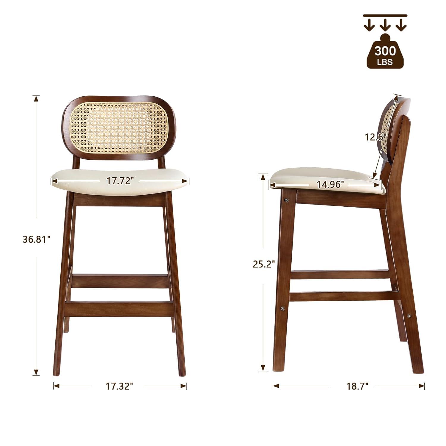 Lucky Monet Wood Upholstered Counter Height Bar Stools with Rattan Back - 36.81"H x 17.72"W x 18.7"D Set of 2 - White Faux Leather/ Brown Frame