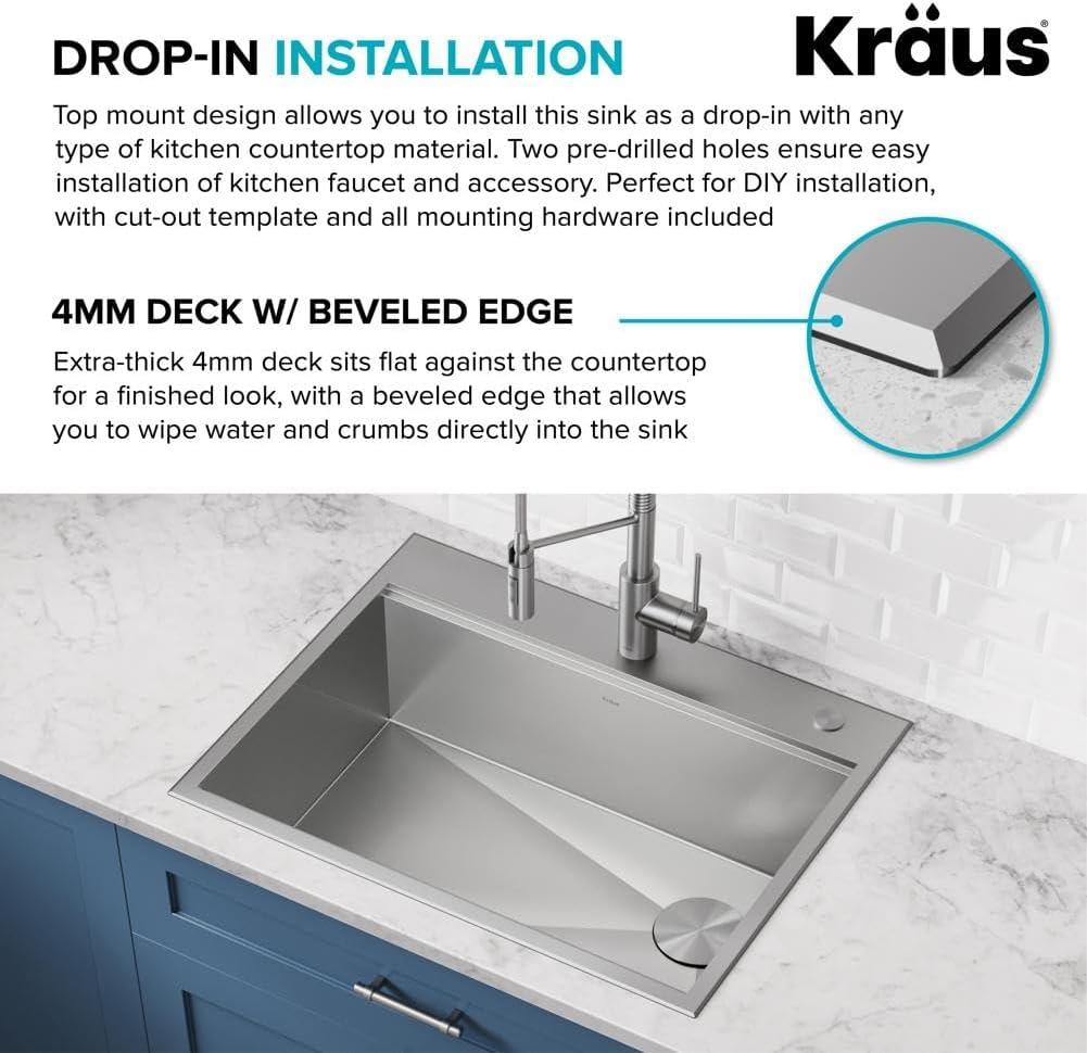 KRAUS Kore™ Workstation 25-inch L Drop-In 16 Gauge Single Bowl Stainless Steel Kitchen Sink with Accessories