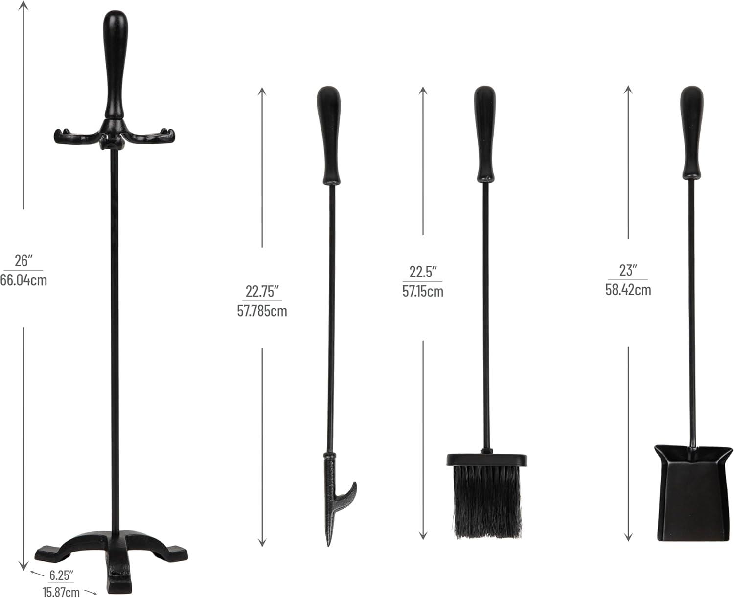 Symple Stuff Fireplace Tool Set, Poker, Ash Brush, Shovel Scoop, Stand, Wrought Iron and Steel, 6.25"L x 6.25"W x 30"H