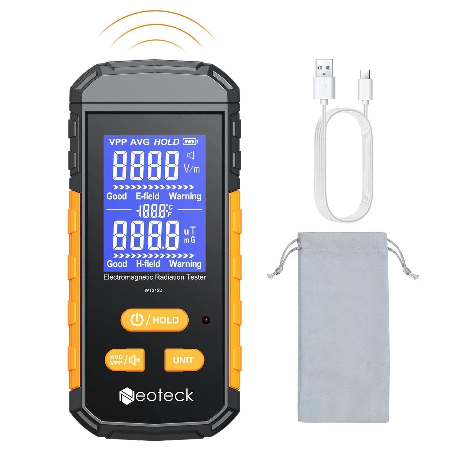 Neoteck 3-in-1 EMF Meter Rechargeable Electromagnetic Radiation Detector for EF MF and Temperature LCD Backlit Audible Alarm 1~1999V/m Electric Field 0.01~99.99ut Magnetic Field(RF Not Included)