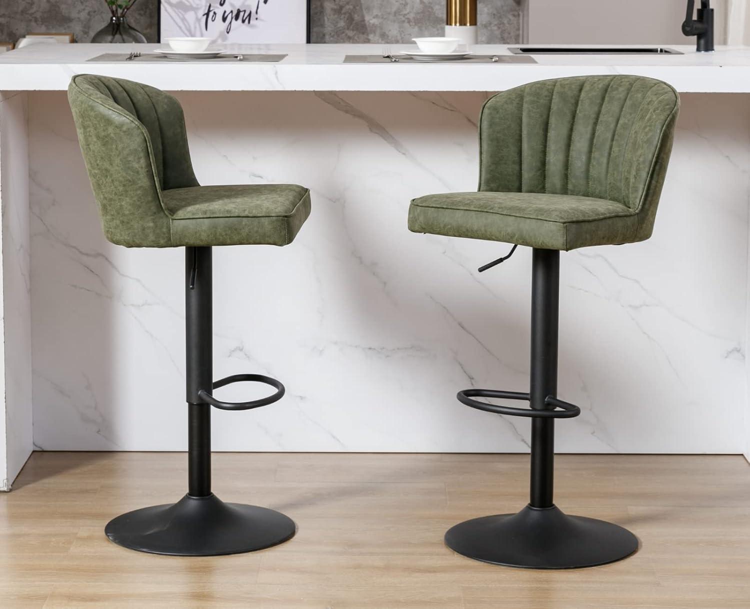 Green Faux Leather Adjustable Swivel Bar Stools with Iron Base, Set of 2