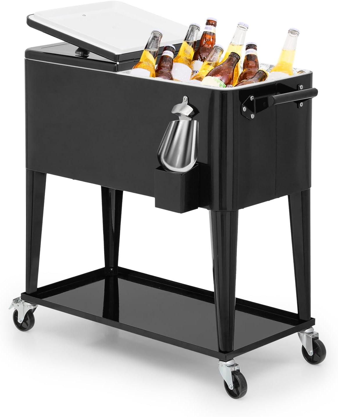 Bring Home Furniture Outdoor 80 Qt Rolling Cooler Cart, with Bottle Opener + Storage Shelf Camping Beverage Ice Chest