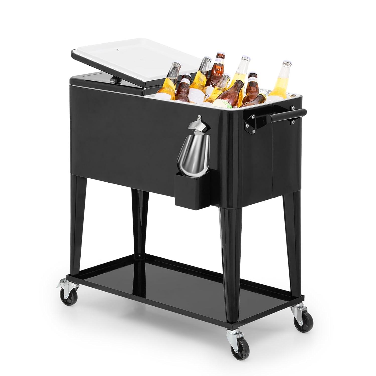 Bring Home Furniture Outdoor 80 Qt Rolling Cooler Cart, with Bottle Opener + Storage Shelf Camping Beverage Ice Chest