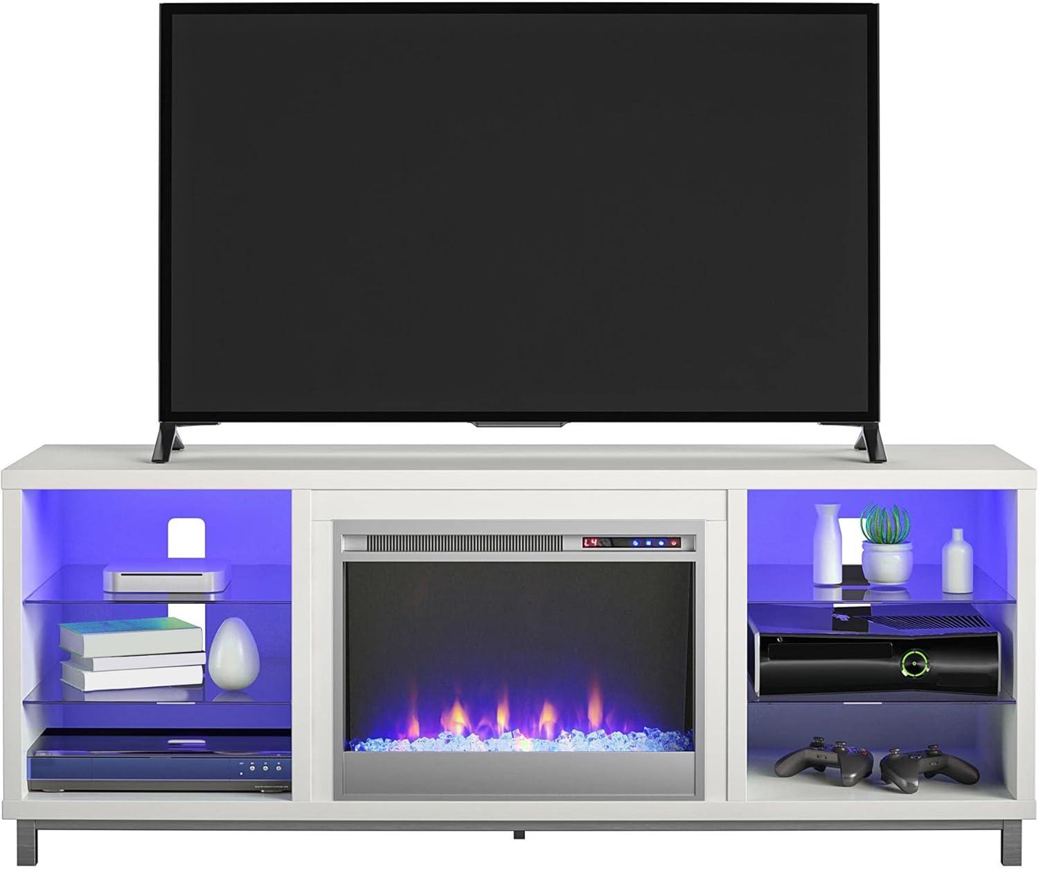 White Modern Fireplace TV Stand with LED Shelves for 70" TVs