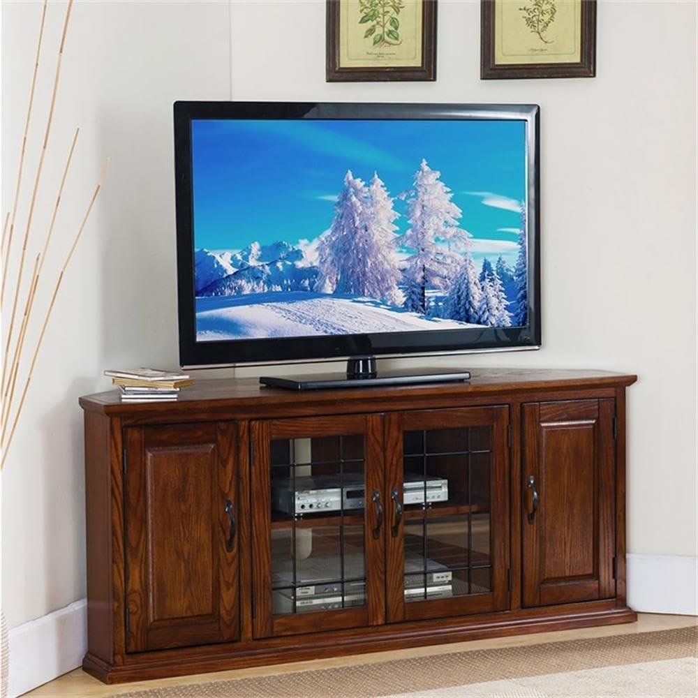 Leick Home 80386 Leaded Glass Corner TV Stand with Enclosed Storage For 60" TV's, Burnished Oak