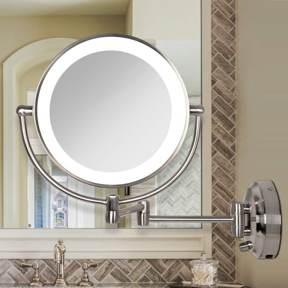 11" Round LED Wall Mount Powered by Battery or Adaptor Makeup Mirror Satin Nickel Finish - Zadro: 10x Magnifying, Spot Clean, Metal & Glass
