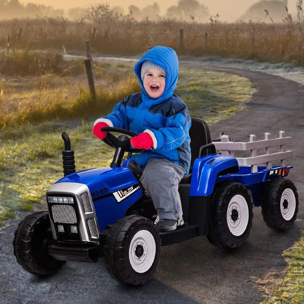 12V Blue Kids Ride-On Tractor with Trailer and Remote