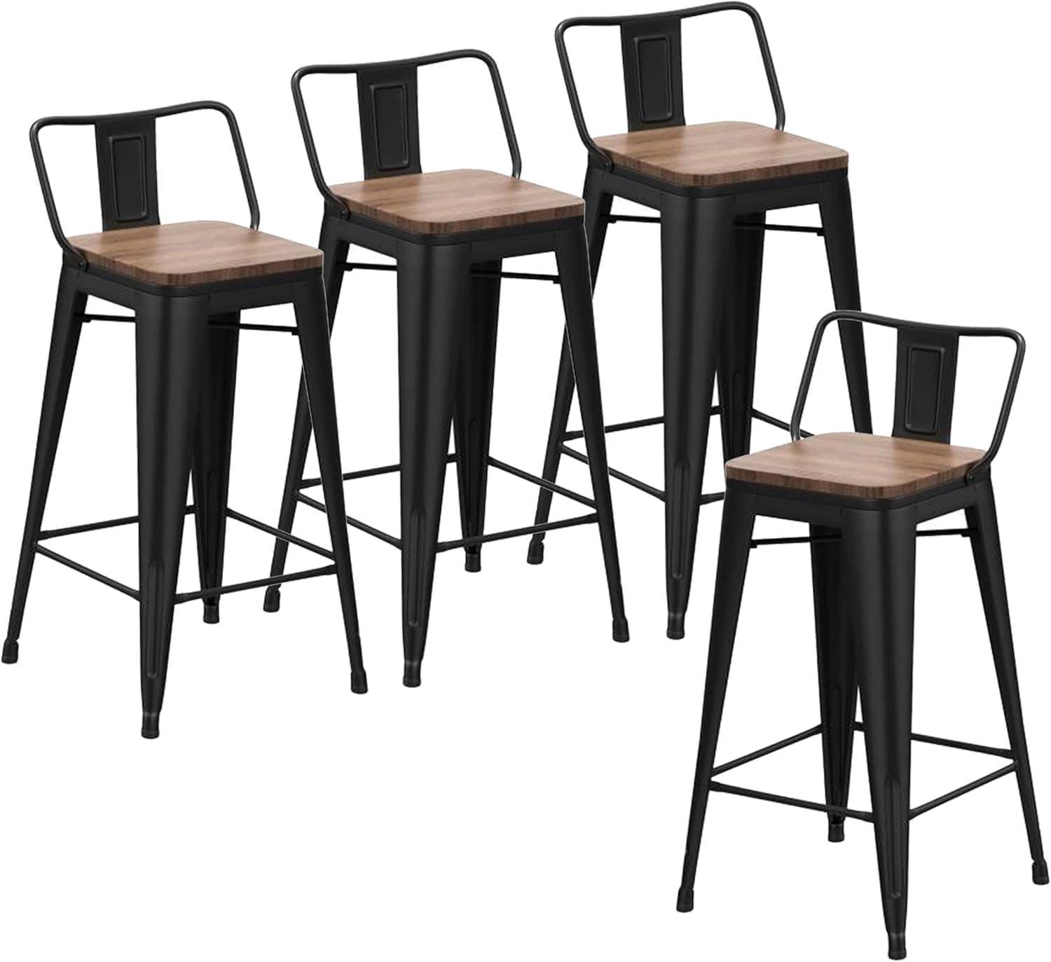 Killeryuki 24'' Metal Bar Stool 4PCS Low Back Conuter Stools for Indoor/Outdoor Barstools Metal Black Stools Bar Chairs w/Wooden Seat Metal Leg Industrial Counter Height Stools Black