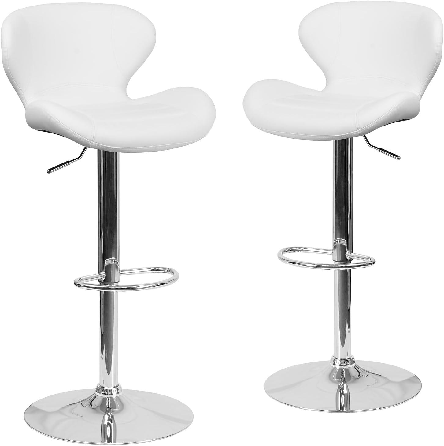 Flash Furniture Contemporary White Vinyl Adjustable Height Barstool with Curved Back and Chrome Base