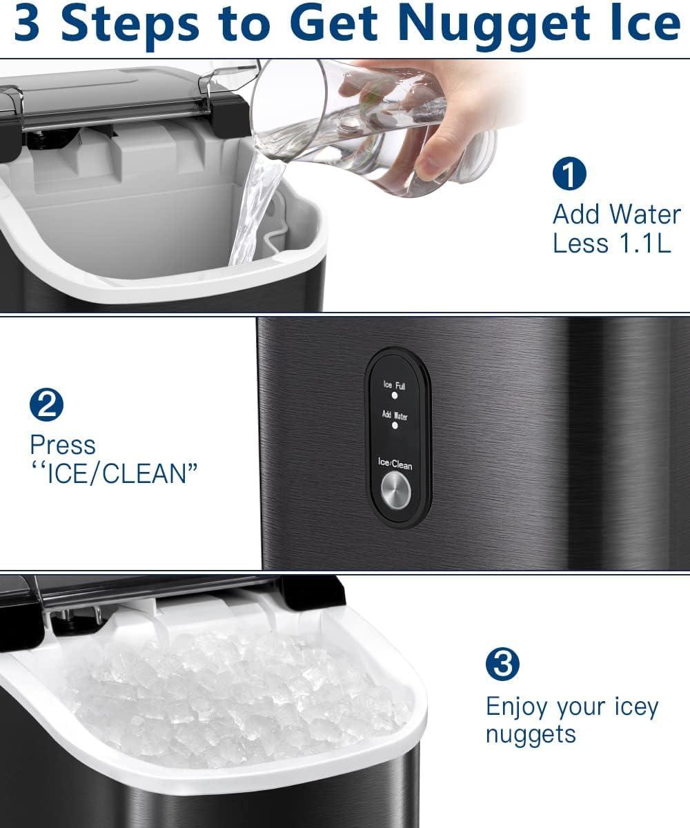 Portable Black Nugget Ice Maker with Handle and Self-Cleaning