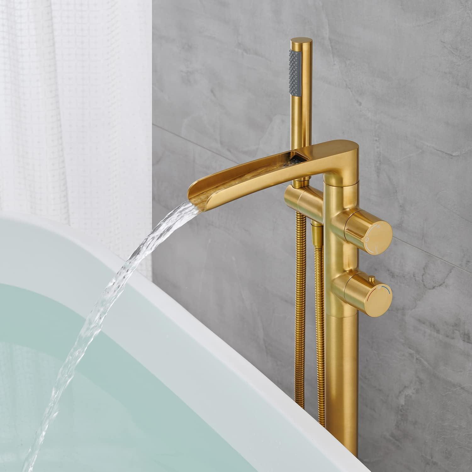 MOGFCT Waterfall Freestanding Bathtub Faucet Set Single Handle Floor Mount Tub Filler with Hand Shower ,Matte Black