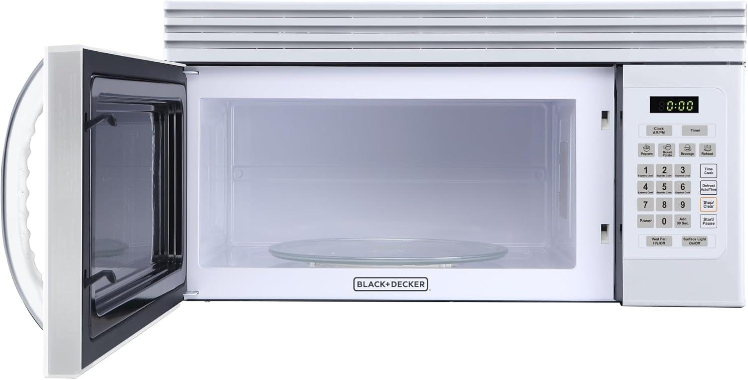 Black+Decker EM044KJNP10A 1.6-Cu. Ft. Over-the-Range Microwave with Top Mount Air Recirculation Vent, White