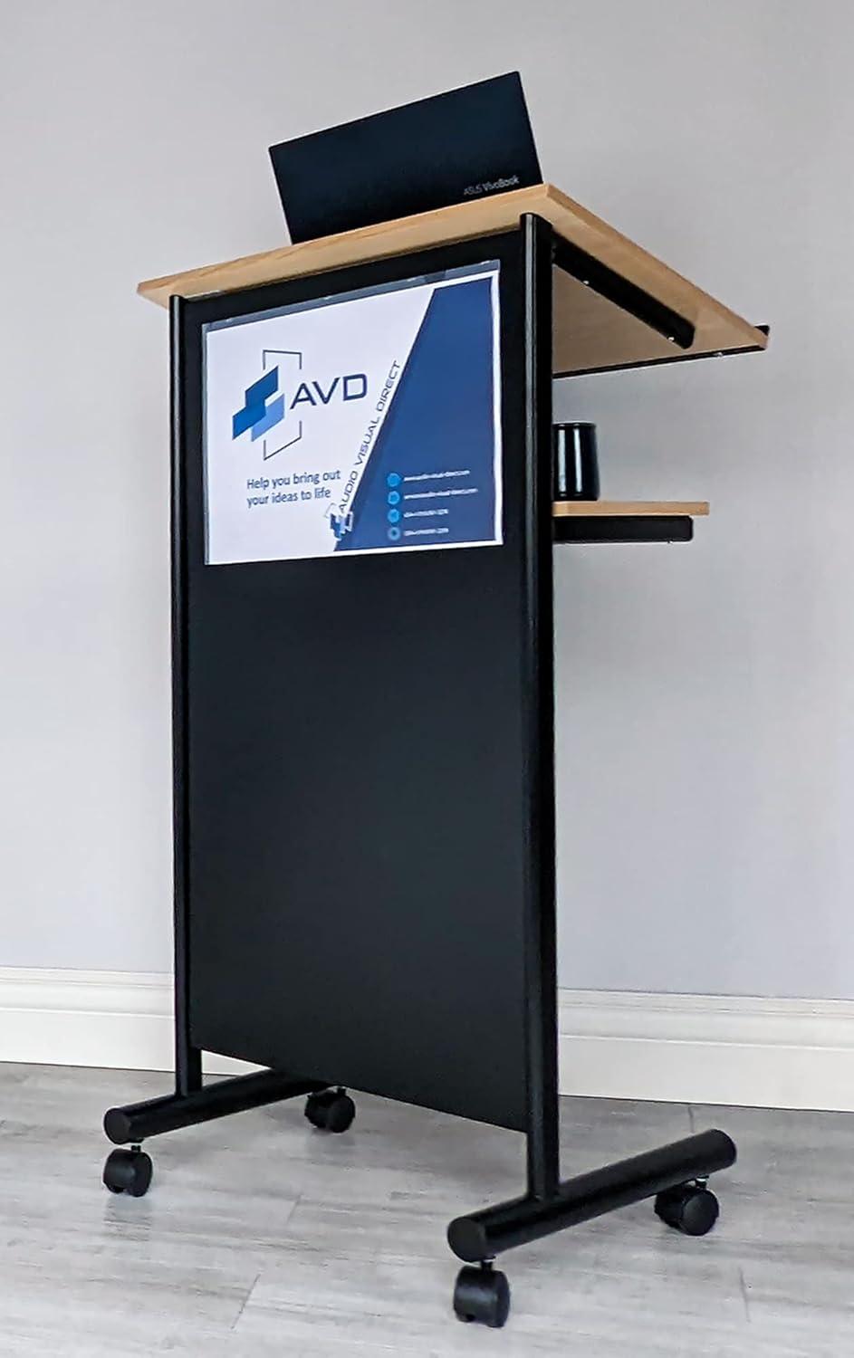 Audio-Visual Direct Lectern (45" H x 17" D x 23" L)- Modern Wood & Metal Podium Wheels -Beech/Black-