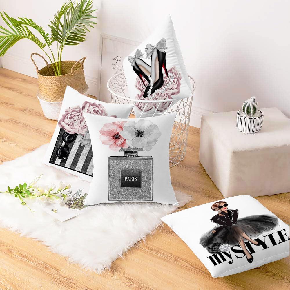 Set of 4 18x18 Pink Throw Pillow Covers Couch Bed Decorative Pillow Covers Fashion Girls Silver Perfume Flowers Cute Accent Pillow Covers Bedroom Black White Velvet Pillowcases (Pink and Gray)